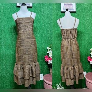 💖Pre-Loved Tan Ruched Tiered Midi Dress for Wedding Guests Can Fit Sm up to M